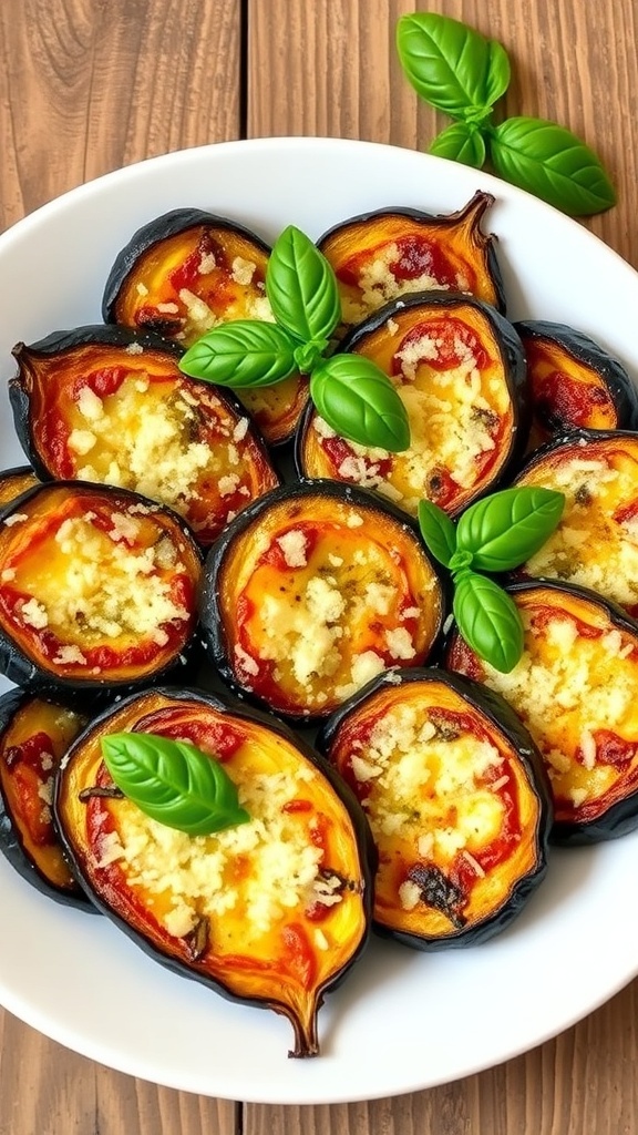 Baked parmesan eggplant slices on a white plate, garnished with basil, on a rustic wooden table.